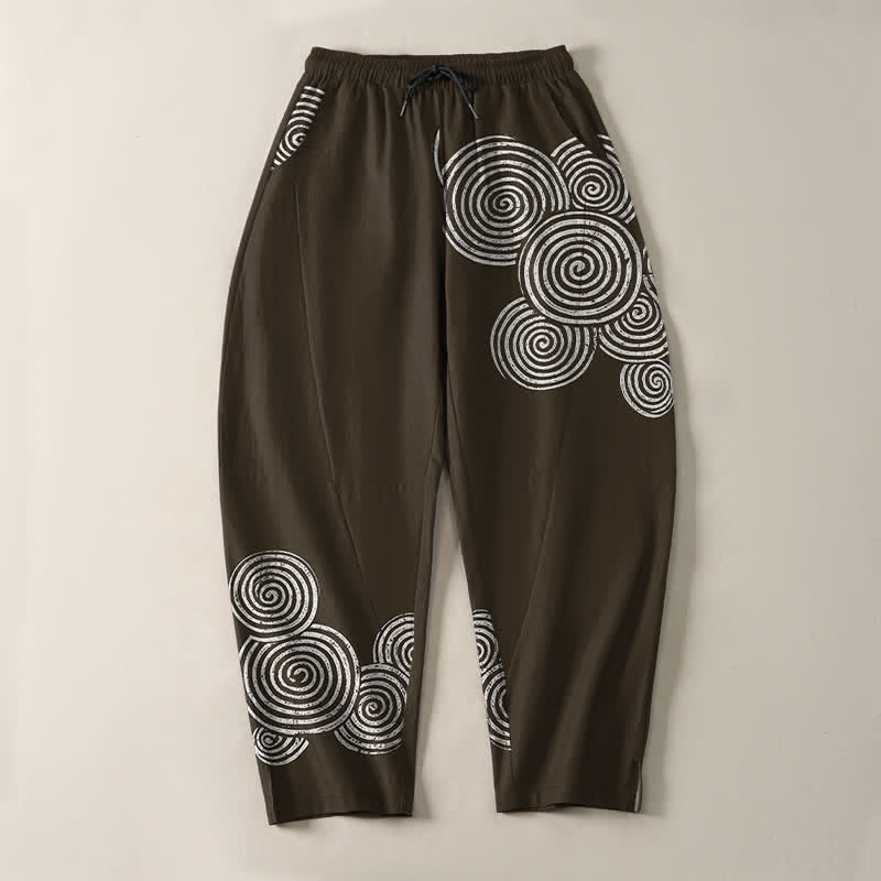 Buddha Stones Pure Cotton Concentric Spiral Pattern Drawstring Men's Tapered Pants With Pockets - image 9