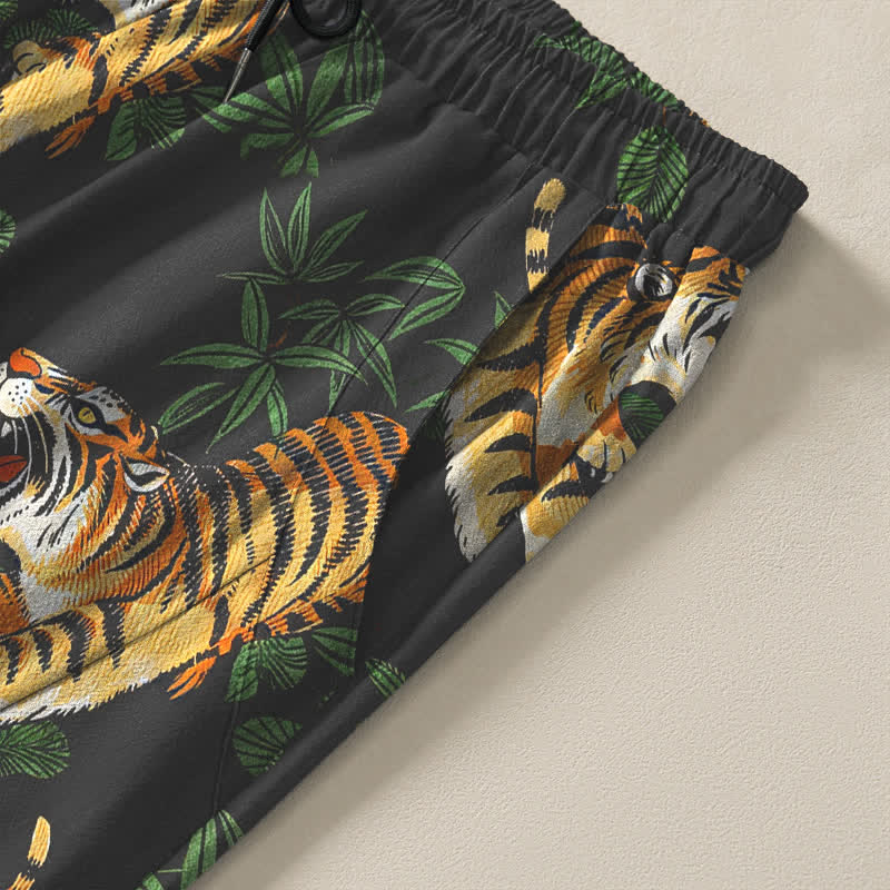 Buddha Stones Pure Cotton Tiger Bamboo Leaf Pattern Drawstring Men's Tapered Pants With Pockets - image 4