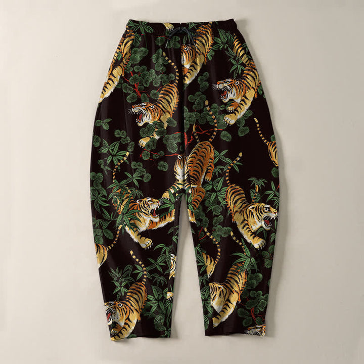 Buddha Stones Pure Cotton Tiger Bamboo Leaf Pattern Drawstring Men's Tapered Pants With Pockets - image 9