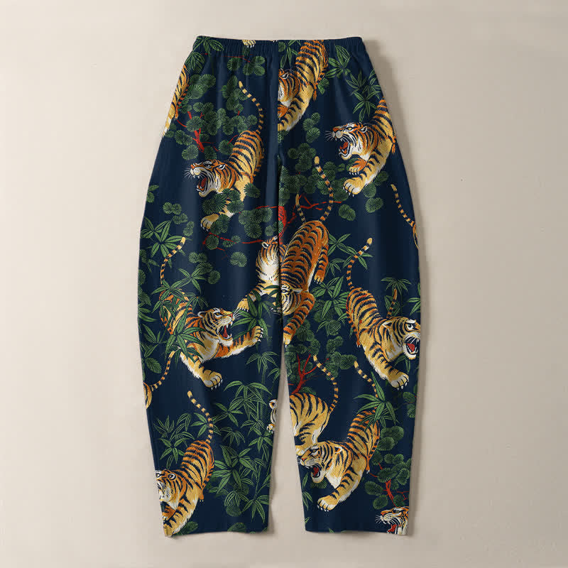Buddha Stones Pure Cotton Tiger Bamboo Leaf Pattern Drawstring Men's Tapered Pants With Pockets - image 14
