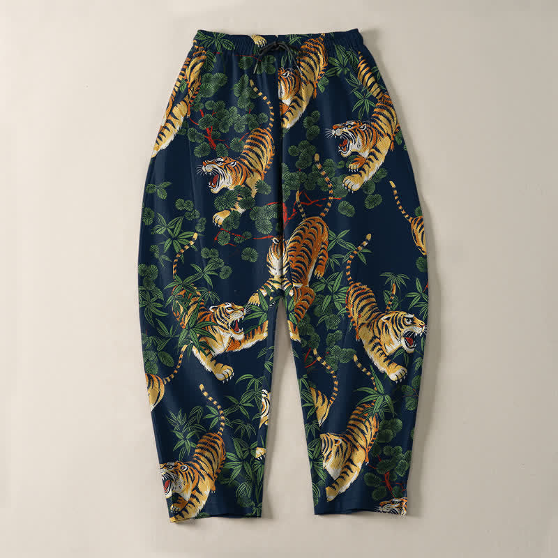 Buddha Stones Pure Cotton Tiger Bamboo Leaf Pattern Drawstring Men's Tapered Pants With Pockets - image 13