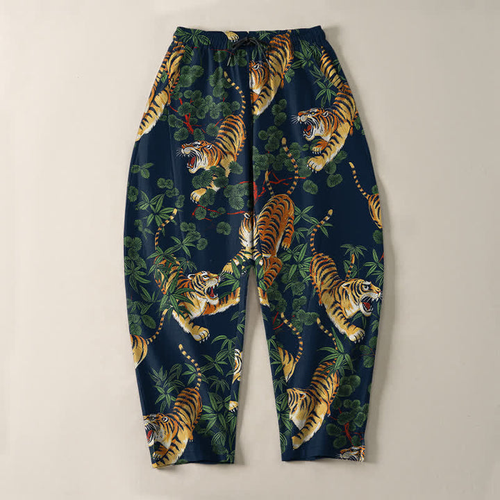 Buddha Stones Pure Cotton Tiger Bamboo Leaf Pattern Drawstring Men's Tapered Pants With Pockets - image 13