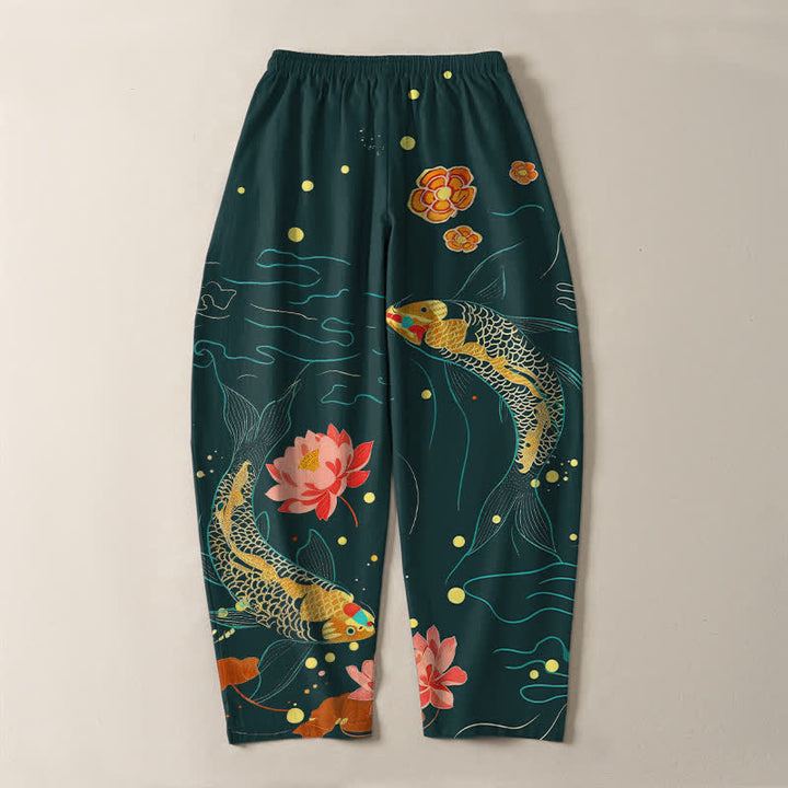 Buddha Stones Pure Cotton Golden Koi Lotus Wave Pattern Drawstring Men's Tapered Pants With Pockets - image 10