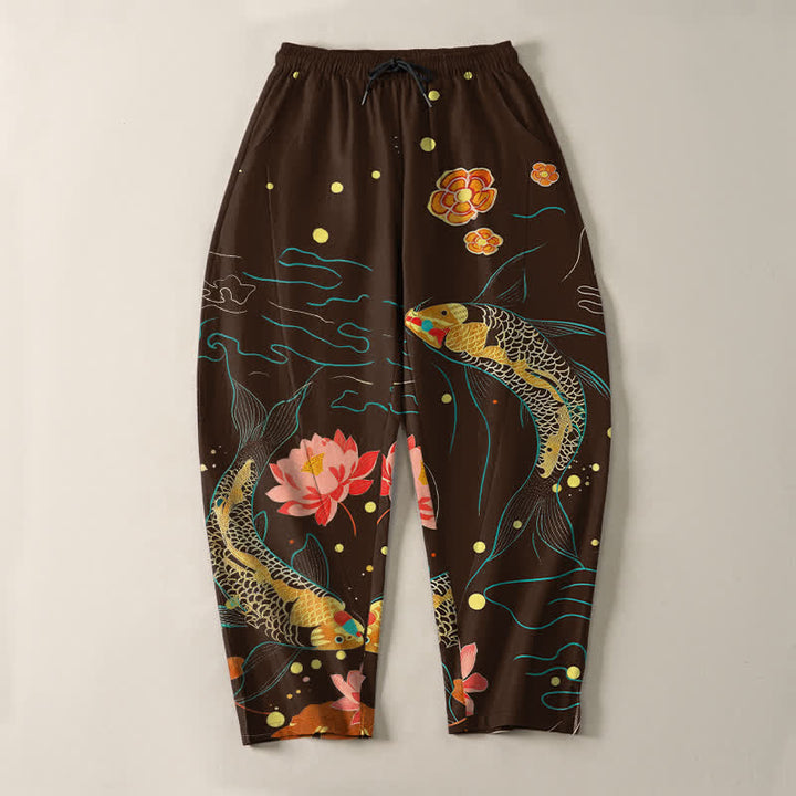 Buddha Stones Pure Cotton Golden Koi Lotus Wave Pattern Drawstring Men's Tapered Pants With Pockets - image 13