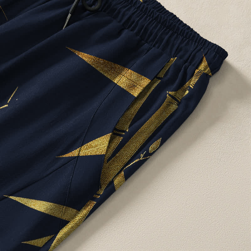 Buddha Stones Pure Cotton Golden Bamboo Pattern Drawstring Men's Tapered Pants With Pockets - image 4