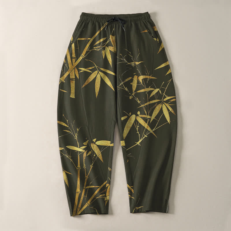 Buddha Stones Pure Cotton Golden Bamboo Pattern Drawstring Men's Tapered Pants With Pockets - image 13