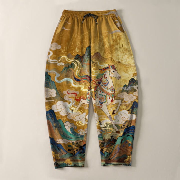 Buddha Stones Pure Cotton Running White Horse Pattern Drawstring Men's Tapered Pants With Pockets - image 2