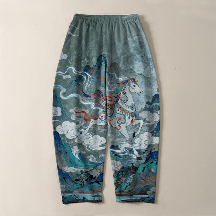 Buddha Stones Pure Cotton Running White Horse Pattern Drawstring Men's Tapered Pants With Pockets - image 10
