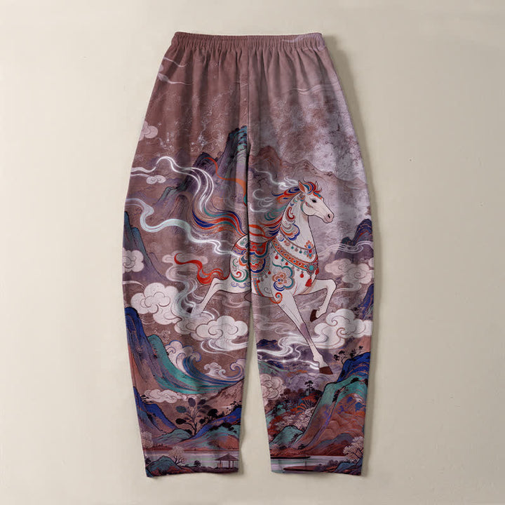 Buddha Stones Pure Cotton Running White Horse Pattern Drawstring Men's Tapered Pants With Pockets - image 14