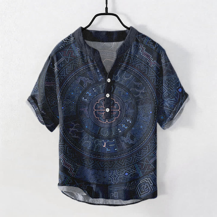Buddha Stones Cotton Tribal Mandala Pattern Men's Short Sleeve Half Button Shirt - Navy - US/UK/AU50，EU60 (5XL) - image 5