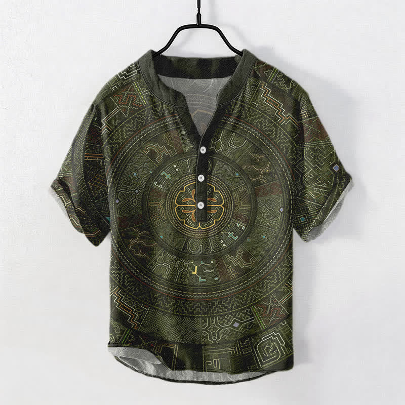 Buddha Stones Cotton Tribal Mandala Pattern Men's Short Sleeve Half Button Shirt - DarkOliveGreen - US/UK/AU50，EU60 (5XL) - image 7