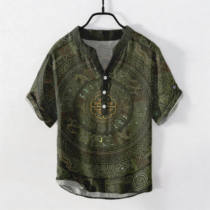 Buddha Stones Cotton Tribal Mandala Pattern Men's Short Sleeve Half Button Shirt - DarkOliveGreen - US/UK/AU50，EU60 (5XL) - image 7