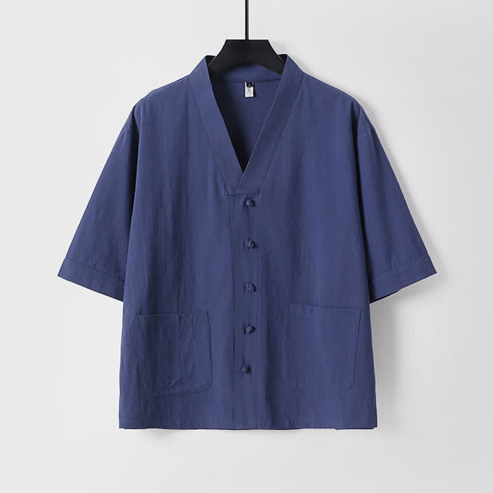 Buddha Stones 2Pcs Summer Tang Style Mandarin Collar Drawstring Solid Short Sleeve Shirt Pants Men's Meditation Cloth With Pockets - image 19