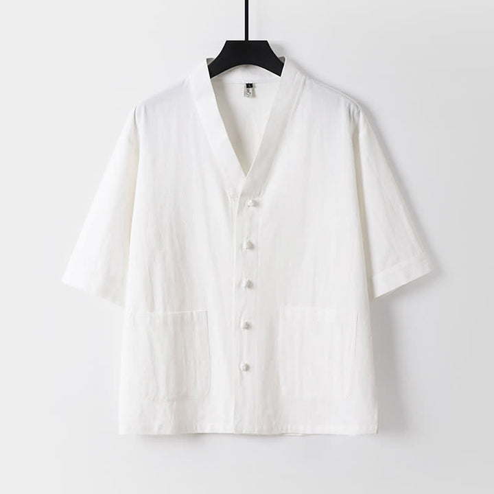 Buddha Stones 2Pcs Summer Tang Style Mandarin Collar Drawstring Solid Short Sleeve Shirt Pants Men's Meditation Cloth With Pockets - image 1