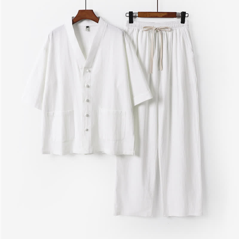 Buddha Stones 2Pcs Summer Tang Style Mandarin Collar Drawstring Solid Short Sleeve Shirt Pants Men's Meditation Cloth With Pockets - White - US/UK/AU54，EU64 (9XL) - image 0