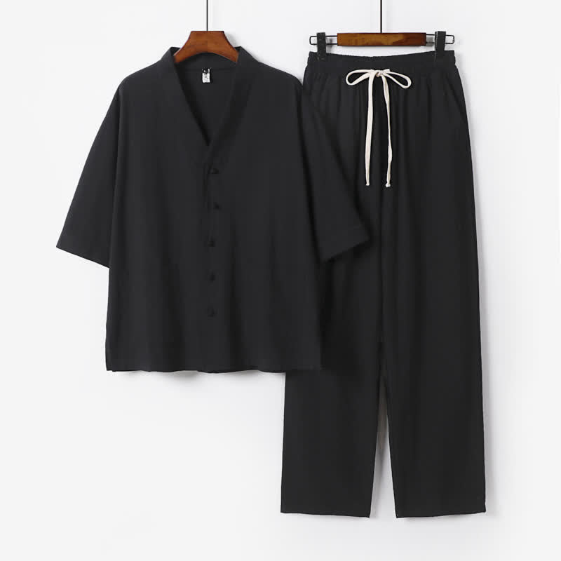 Buddha Stones 2Pcs Summer Tang Style Mandarin Collar Drawstring Solid Short Sleeve Shirt Pants Men's Meditation Cloth With Pockets - Black - US/UK/AU54，EU64 (9XL) - image 11