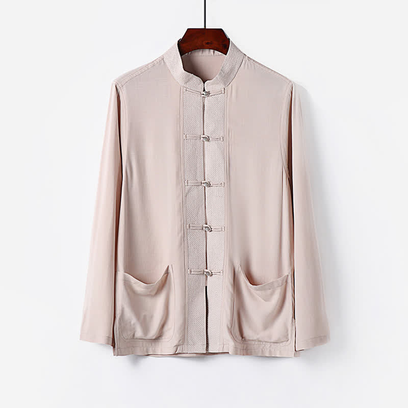 Buddha Stones 2Pcs Spring Tang Style Mandarin Collar Frog Button Solid Long Sleeve Shirt Pants Men's Meditation Cloth With Pockets - image 1