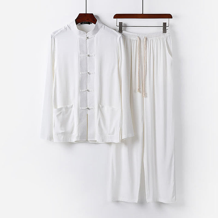 Buddha Stones 2Pcs Spring Tang Style Mandarin Collar Frog Button Solid Long Sleeve Shirt Pants Men's Meditation Cloth With Pockets - White - US/UK/AU48，EU58 (6XL) - image 17