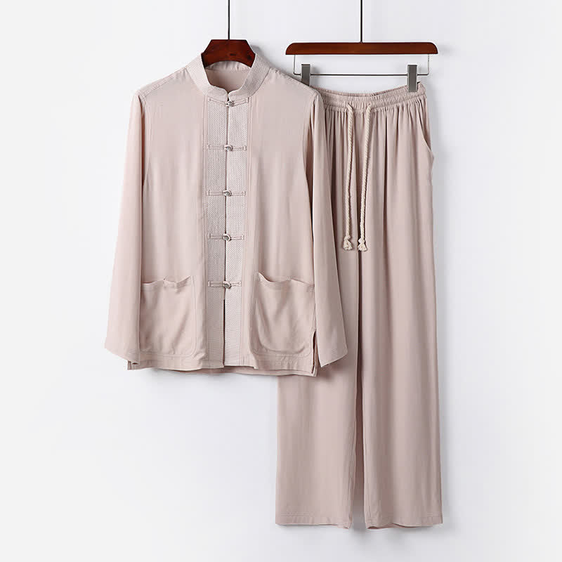 Buddha Stones 2Pcs Spring Tang Style Mandarin Collar Frog Button Solid Long Sleeve Shirt Pants Men's Meditation Cloth With Pockets - Beige - US/UK/AU48，EU58 (6XL) - image 0