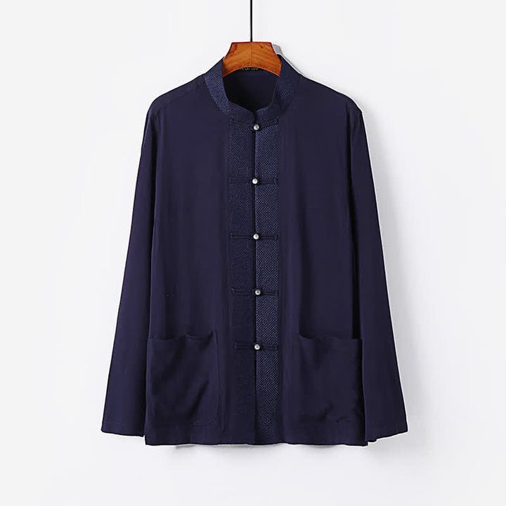 Buddha Stones 2Pcs Spring Tang Style Mandarin Collar Frog Button Solid Long Sleeve Shirt Pants Men's Meditation Cloth With Pockets - image 15