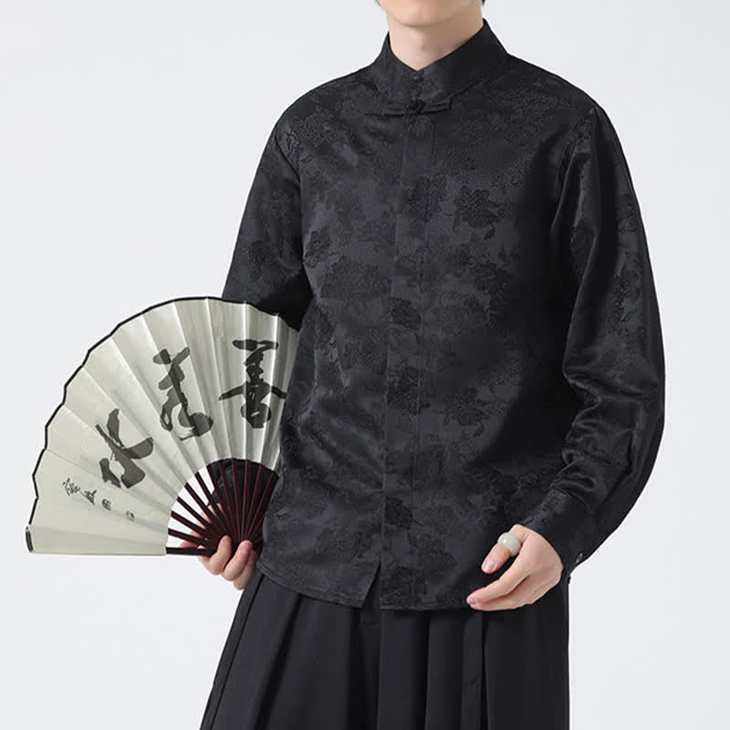 Buddha Stones Fall Elegant Tang Style Mandarin Collar Floral Men's Long Sleeve Shirts - Black - US/UK/AU44，EU54 (4XL) - image 0