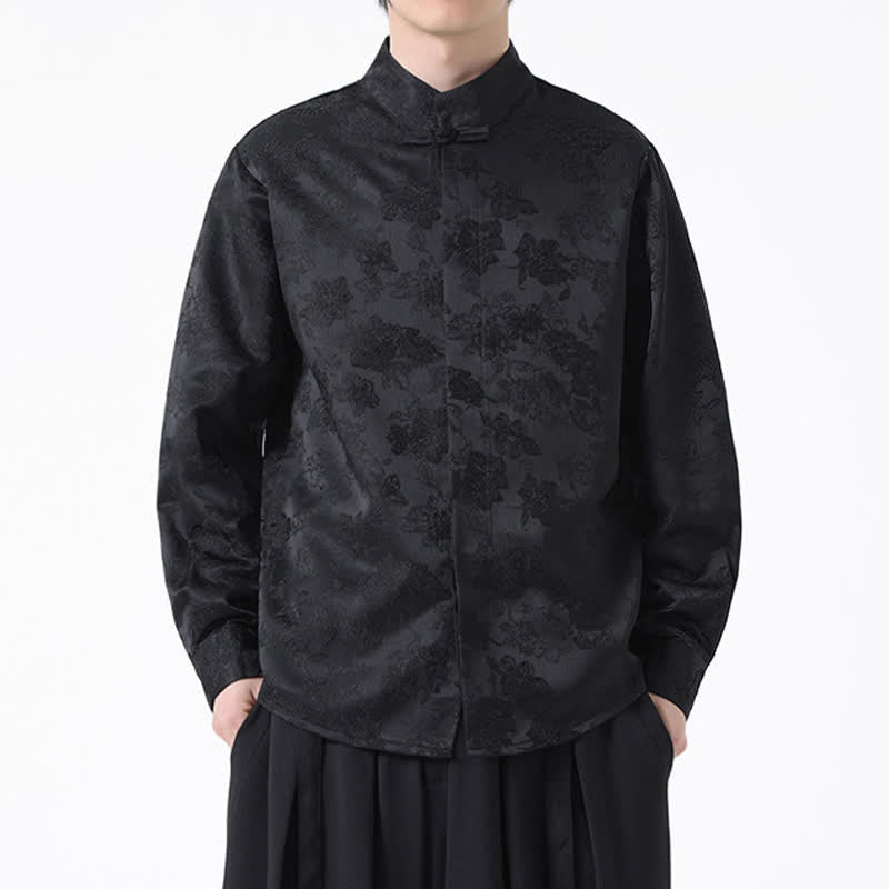 Buddha Stones Fall Elegant Tang Style Mandarin Collar Floral Men's Long Sleeve Shirts - image 1