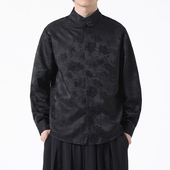 Buddha Stones Fall Elegant Tang Style Mandarin Collar Floral Men's Long Sleeve Shirts - image 1