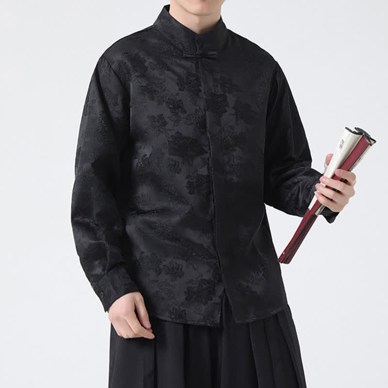 Buddha Stones Fall Elegant Tang Style Mandarin Collar Floral Men's Long Sleeve Shirts - image 6