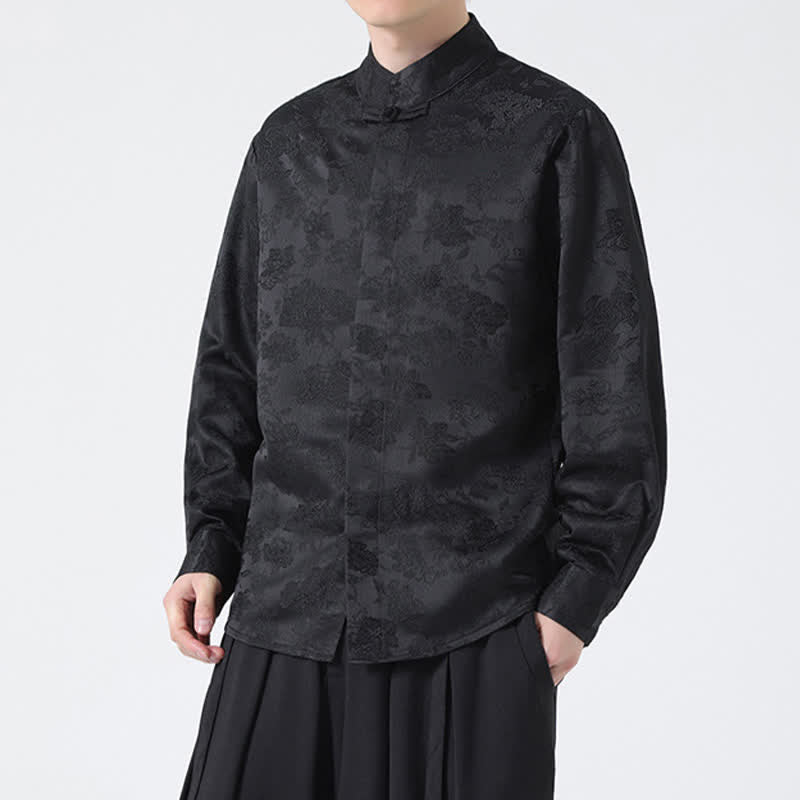 Buddha Stones Fall Elegant Tang Style Mandarin Collar Floral Men's Long Sleeve Shirts - image 5