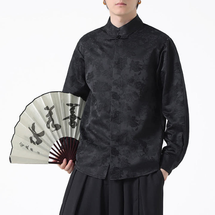Buddha Stones Fall Elegant Tang Style Mandarin Collar Floral Men's Long Sleeve Shirts - image 8