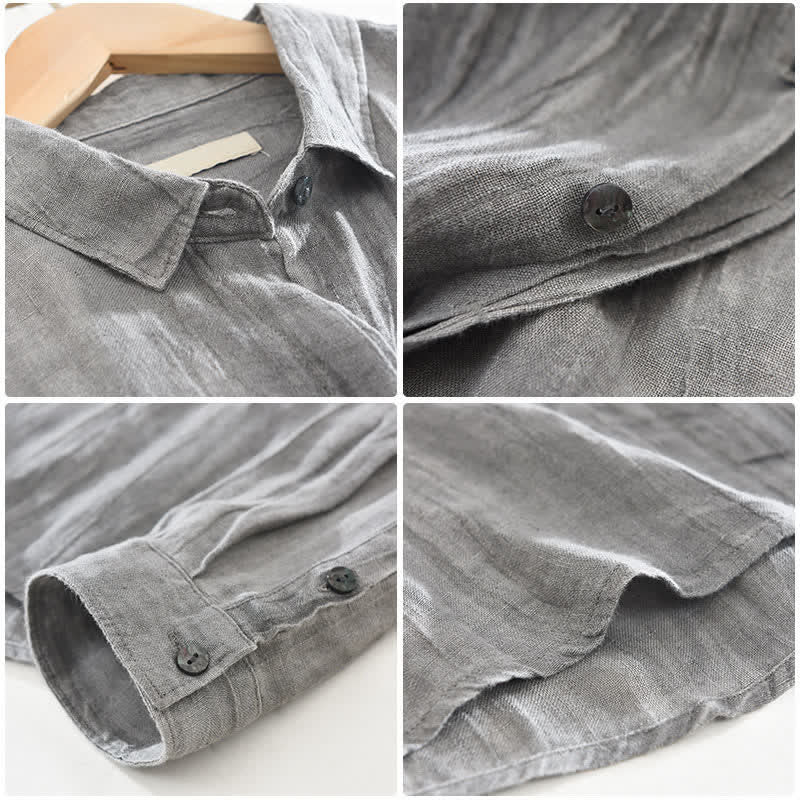 Buddha Stones Spring Casual Button-Up Solid Linen Men's Long Sleeve Shirts - image 3