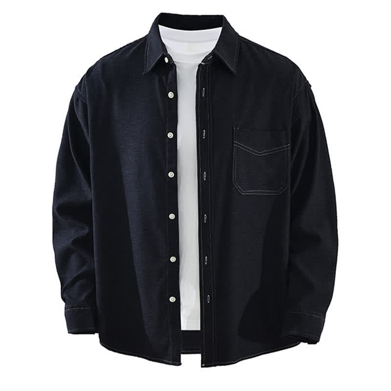 Buddha Stones Fall Casual Solid Men's Long Sleeve Shirts With Patch Pocket - MidnightBlue - US/UK/AU42，EU52 (3XL) - image 13