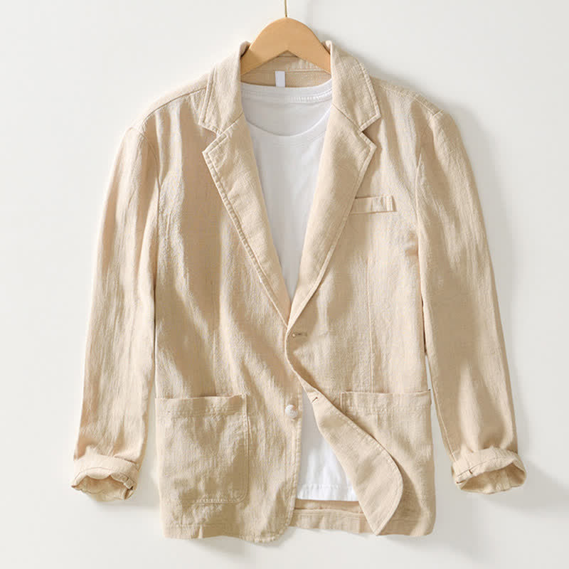 Buddha Stones Spring Fall Casual Minimalist Ramie Cotton Lapel Solid Men's Jacket With Pockets - Beige - US/UK/AU44，EU54 (4XL) - image 22