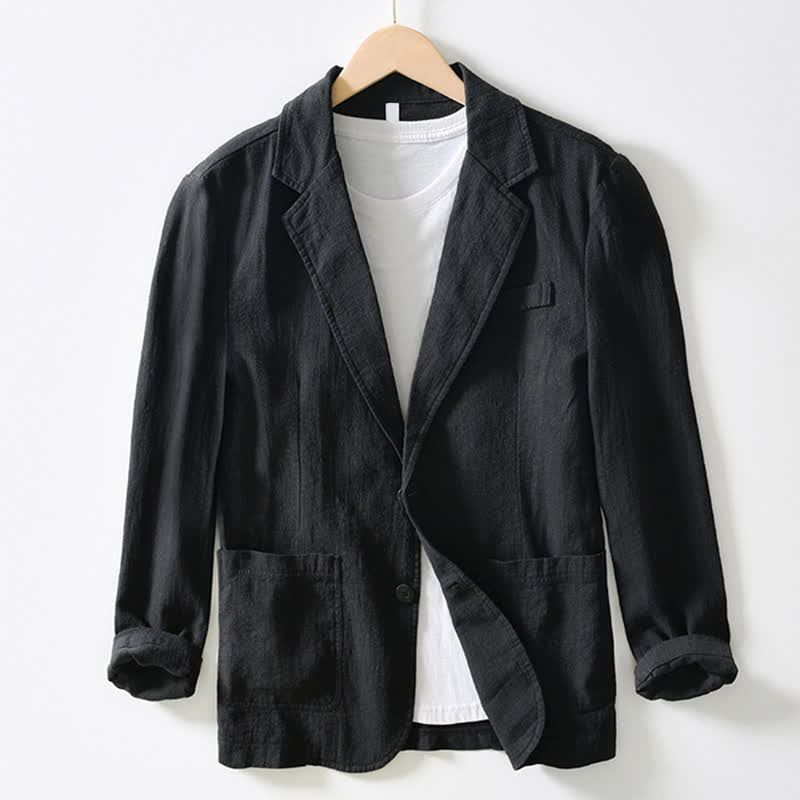 Buddha Stones Spring Fall Casual Minimalist Ramie Cotton Lapel Solid Men's Jacket With Pockets - Black - US/UK/AU44，EU54 (4XL) - image 4