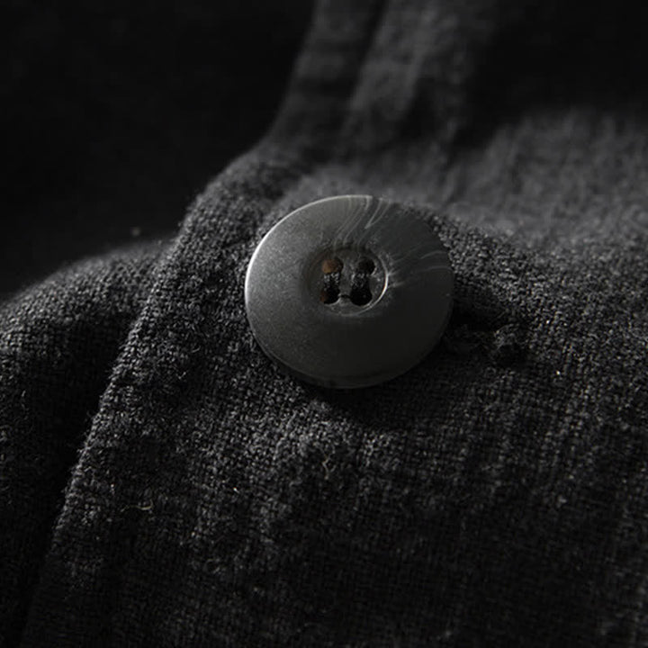 Buddha Stones Spring Fall Casual Minimalist Ramie Cotton Lapel Solid Men's Jacket With Pockets - image 7