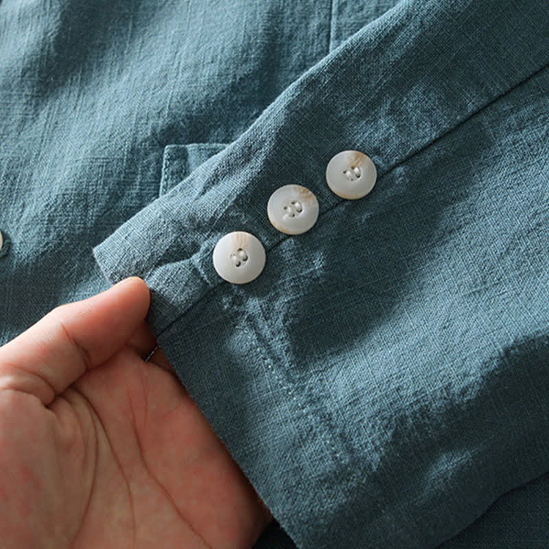 Buddha Stones Spring Fall Casual Minimalist Ramie Cotton Lapel Solid Men's Jacket With Pockets - image 20