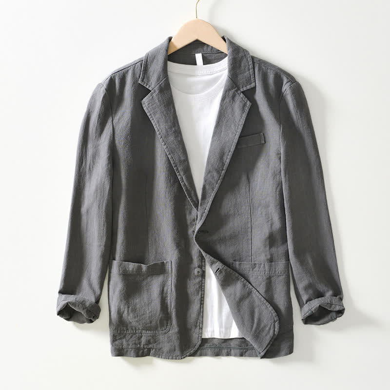 Buddha Stones Spring Fall Casual Minimalist Ramie Cotton Lapel Solid Men's Jacket With Pockets - DimGray - US/UK/AU44，EU54 (4XL) - image 0