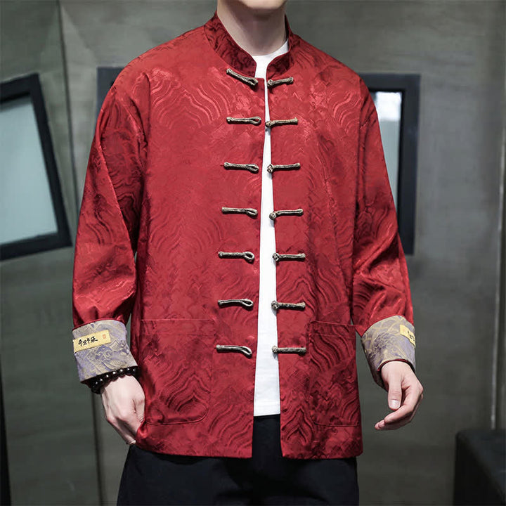 Buddha Stones Fall Winter Tang Style Elegant Mandarin Collar Abstract Wave Pattern Frog Button Men's Jacket With Pockets - image 1