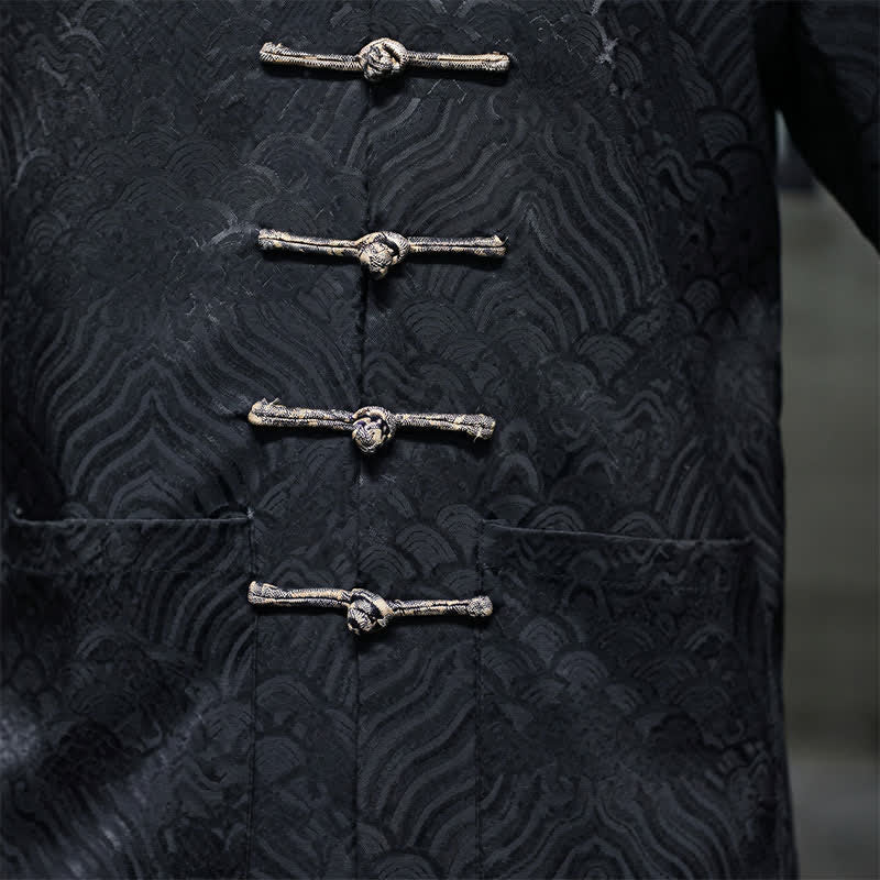 Buddha Stones Fall Winter Tang Style Elegant Mandarin Collar Abstract Wave Pattern Frog Button Men's Jacket With Pockets - image 22