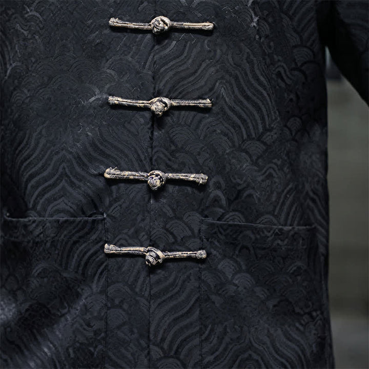 Buddha Stones Fall Winter Tang Style Elegant Mandarin Collar Abstract Wave Pattern Frog Button Men's Jacket With Pockets - image 22