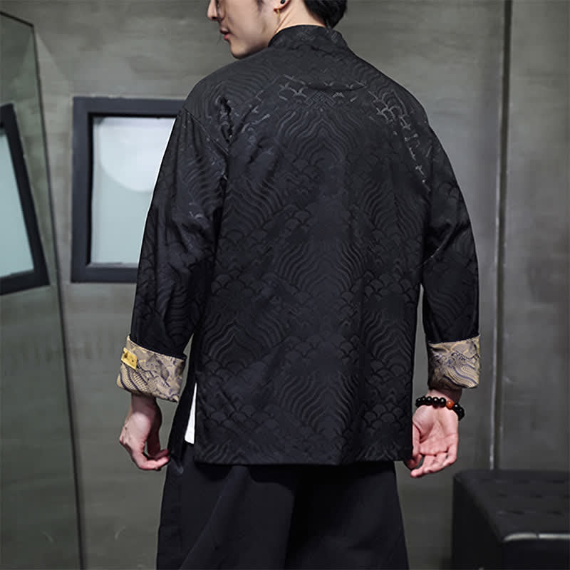 Buddha Stones Fall Winter Tang Style Elegant Mandarin Collar Abstract Wave Pattern Frog Button Men's Jacket With Pockets - image 14
