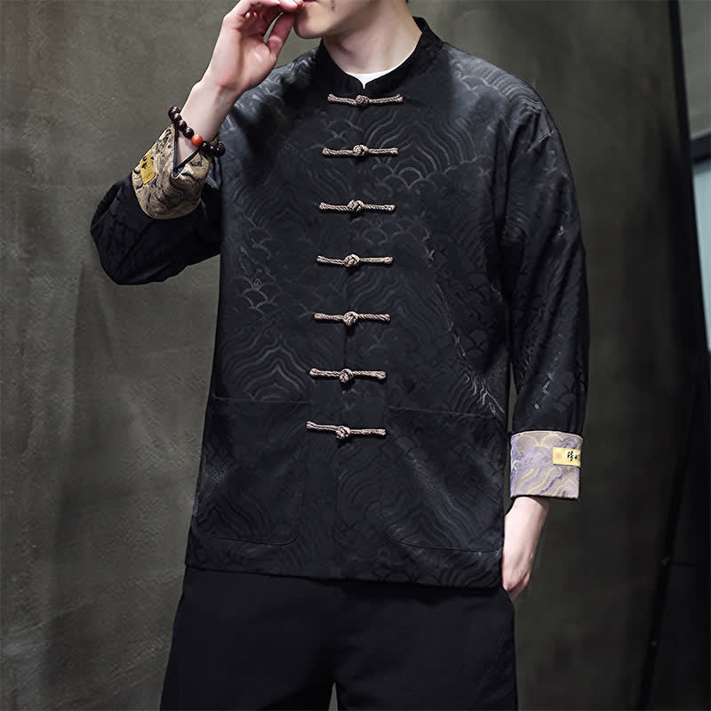 Buddha Stones Fall Winter Tang Style Elegant Mandarin Collar Abstract Wave Pattern Frog Button Men's Jacket With Pockets - image 15