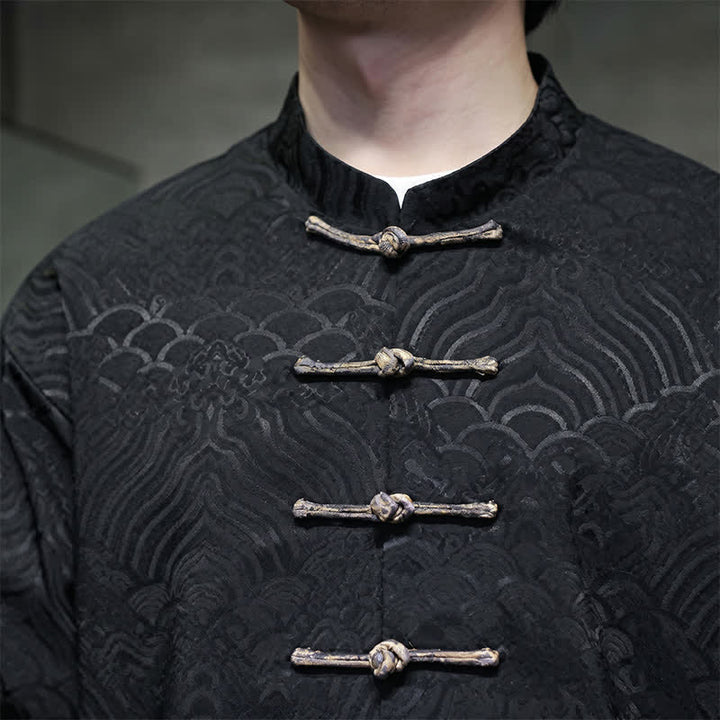 Buddha Stones Fall Winter Tang Style Elegant Mandarin Collar Abstract Wave Pattern Frog Button Men's Jacket With Pockets - image 20