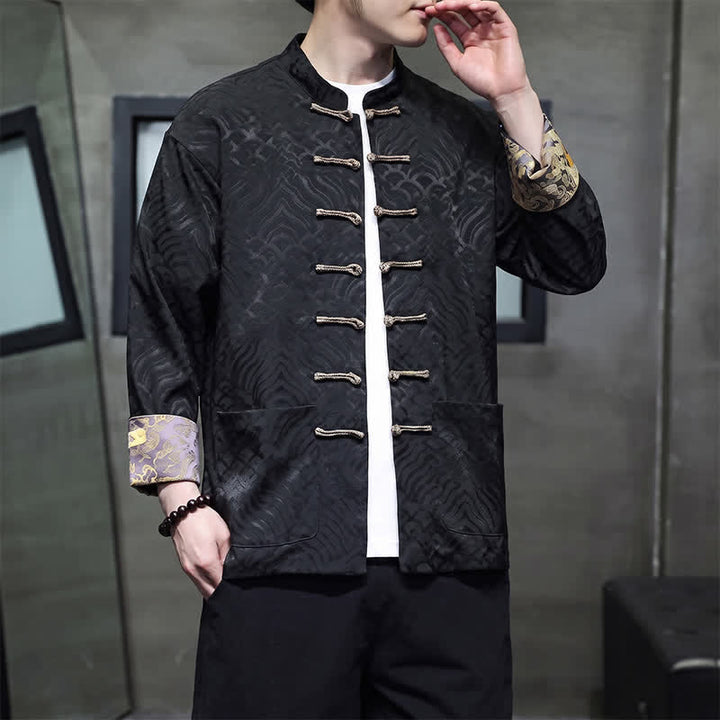 Buddha Stones Fall Winter Tang Style Elegant Mandarin Collar Abstract Wave Pattern Frog Button Men's Jacket With Pockets - image 11