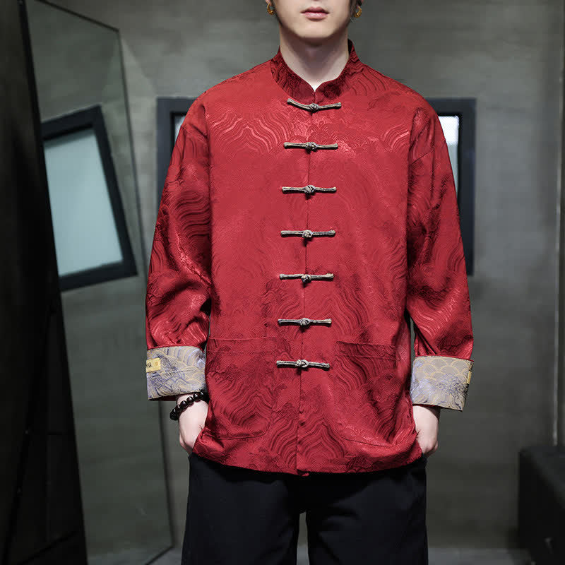 Buddha Stones Fall Winter Tang Style Elegant Mandarin Collar Abstract Wave Pattern Frog Button Men's Jacket With Pockets - image 3
