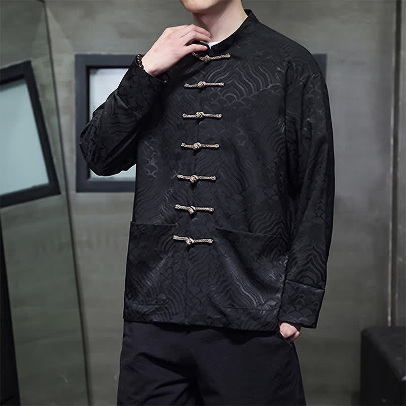 Buddha Stones Fall Winter Tang Style Elegant Mandarin Collar Abstract Wave Pattern Frog Button Men's Jacket With Pockets - image 18