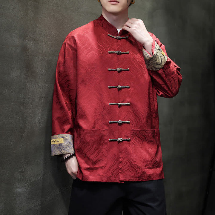 Buddha Stones Fall Winter Tang Style Elegant Mandarin Collar Abstract Wave Pattern Frog Button Men's Jacket With Pockets - Crimson - US/UK/AU46，EU56 (5XL) - image 0