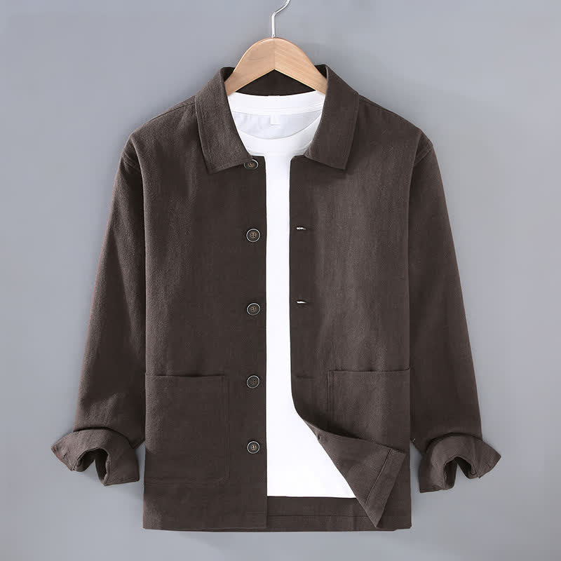 Buddha Stones Fall Casual Minimalist Solid Buttons Ramie Men's Jacket With Pockets - SaddleBrown - US/UK/AU42，EU52 (3XL) - image 0