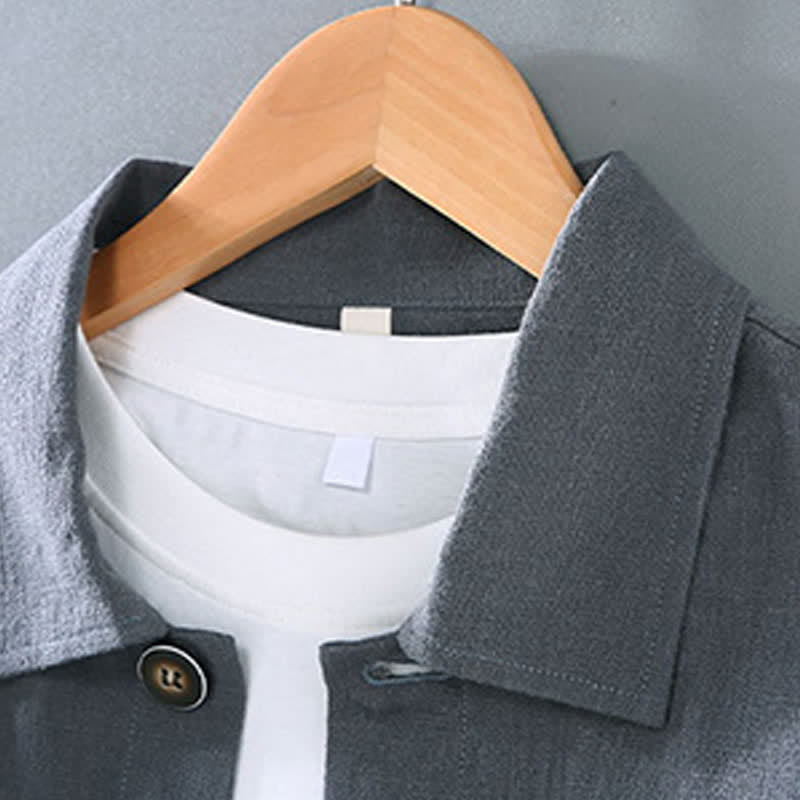Buddha Stones Fall Casual Minimalist Solid Buttons Ramie Men's Jacket With Pockets - image 4