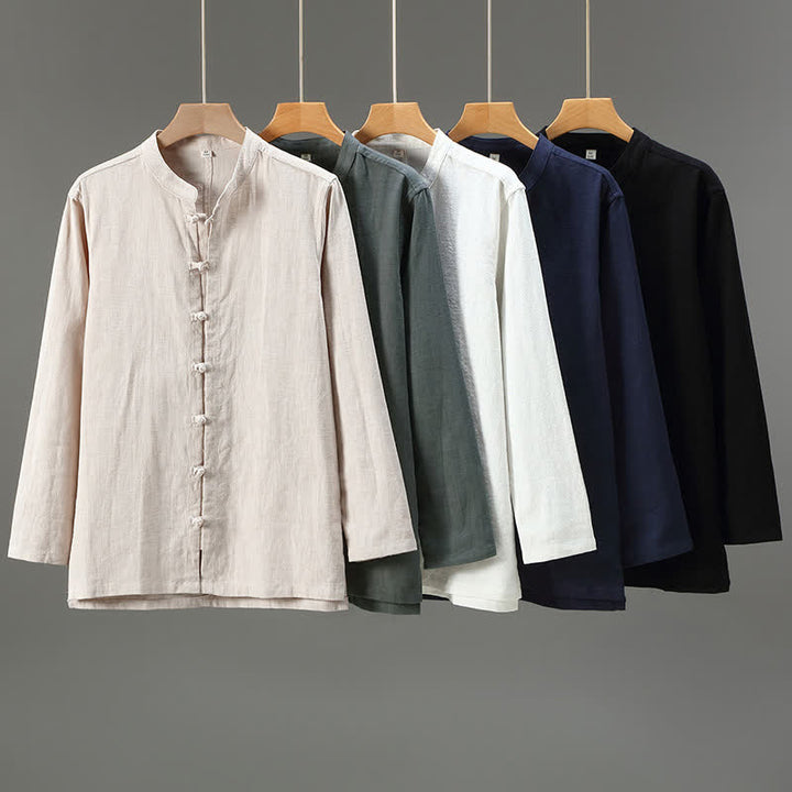 Buddha Stones Spring Casual Tang Style Frog Button Solid Men's Long Sleeve Shirts - image 15